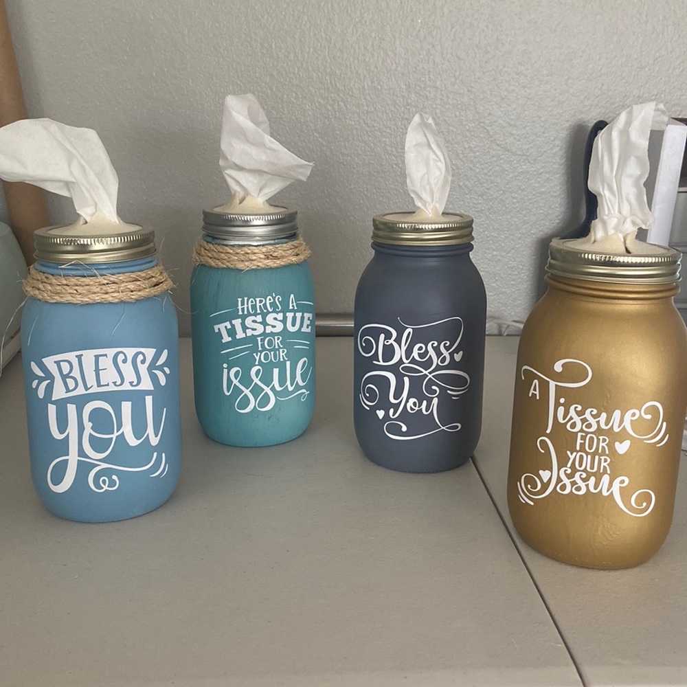Mason jar Kleenex holder.